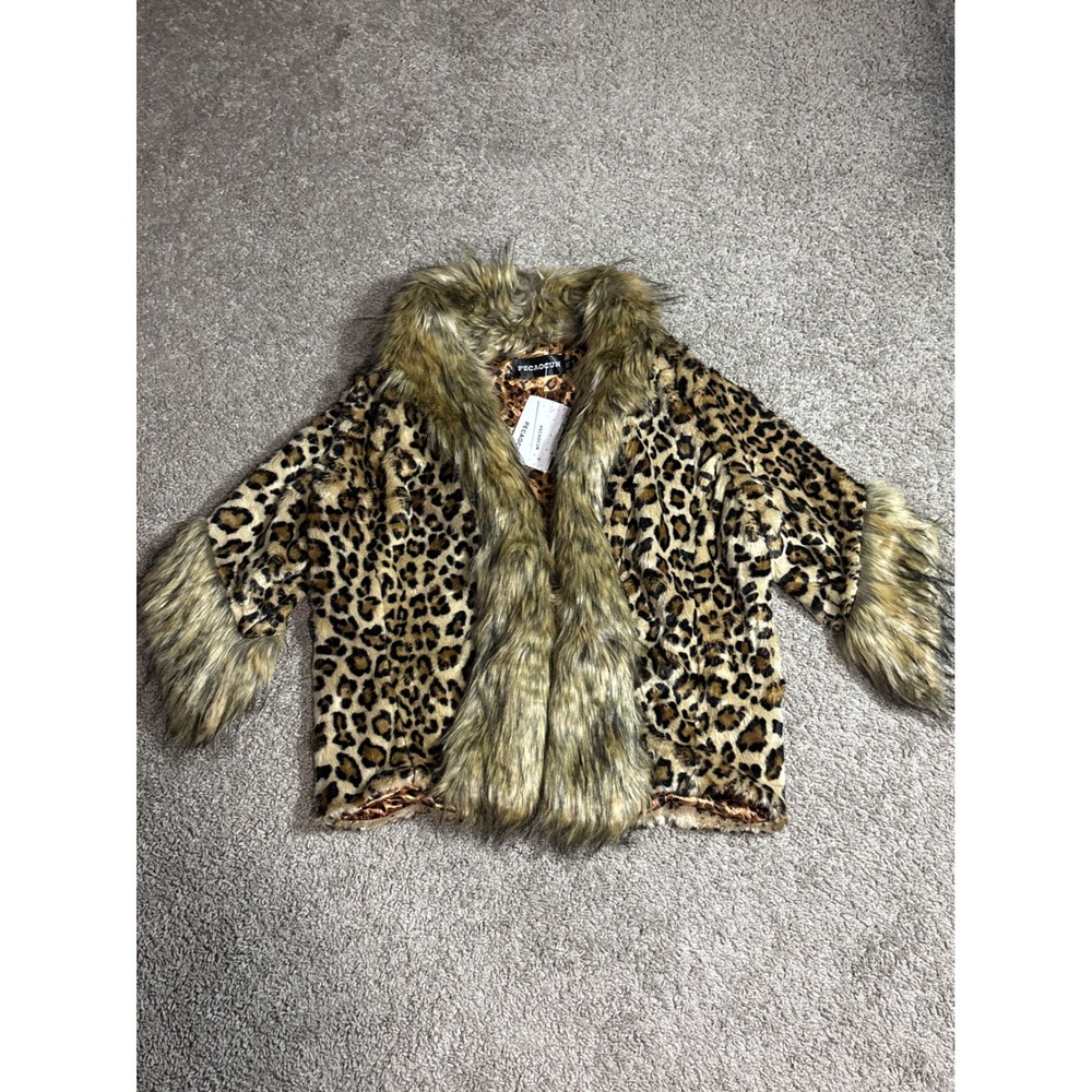 Pecaocun Leopard Print Faux Fur Jacket XXL Brown Animal Pattern Wool Blend NEW